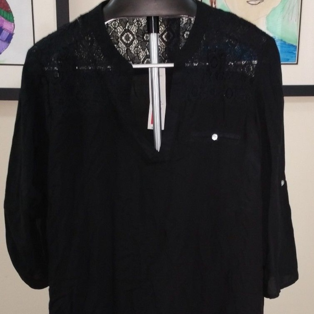 Passport Blouse, Navy, NWT, Lace Design, XL
